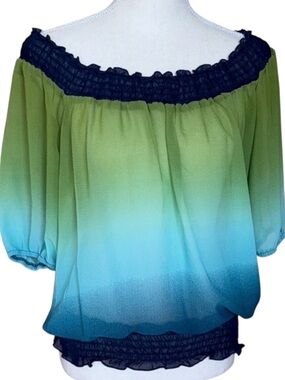 3/$20 Smocked Trim Ombré Off Shoulder Top Gradient Green Blue Ruffle 3/4 Sleeve